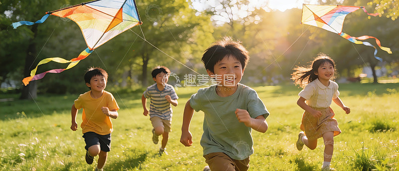 儿童草地上放风筝奔跑