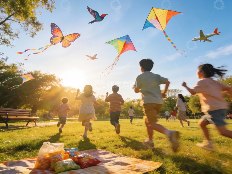 高清大图下载【趣麦麦图】孩子们公园放风筝欢乐奔跑