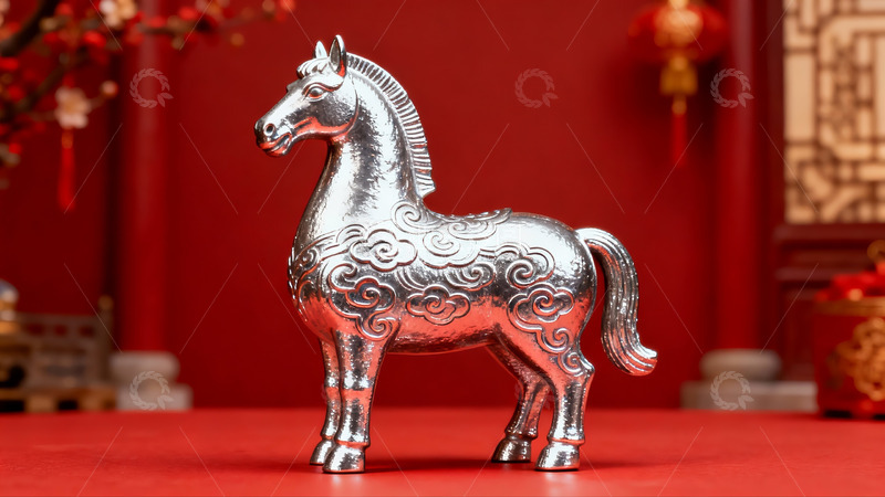 高清大图下载【趣麦麦图】银色马雕摆件红色背景