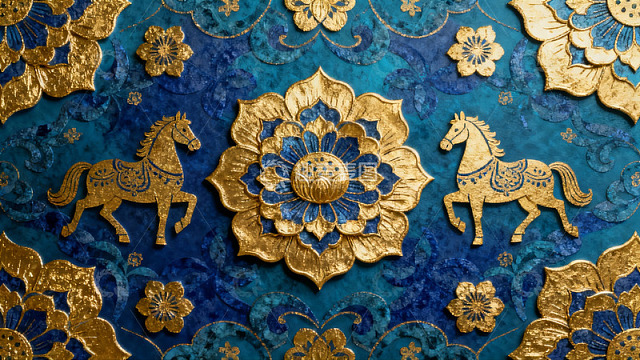 金色马纹与蓝色花卉图案