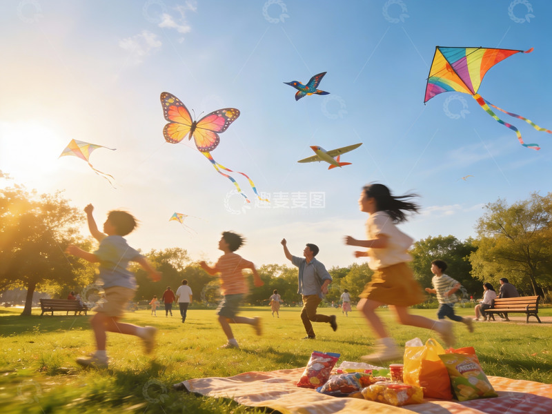 高清大图下载【趣麦麦图】阳光下公园放风筝欢乐场景