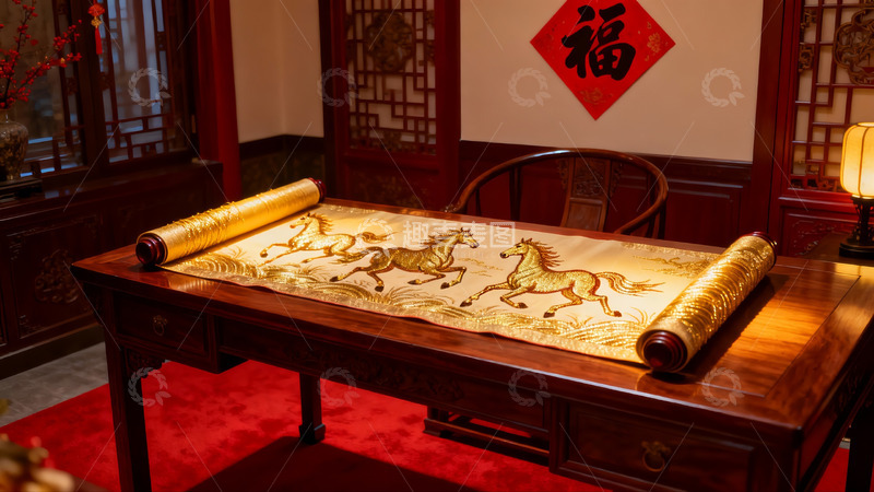 高清大图下载【趣麦麦图】中式书房内金色骏马卷轴