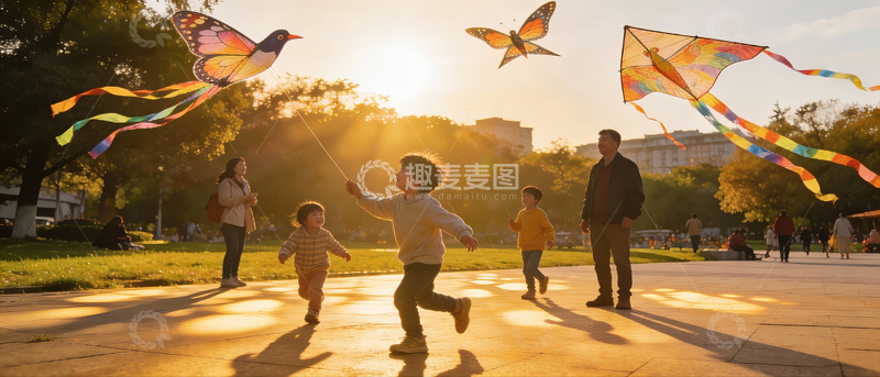 高清大图下载【趣麦麦图】夕阳下公园放风筝的欢乐家庭