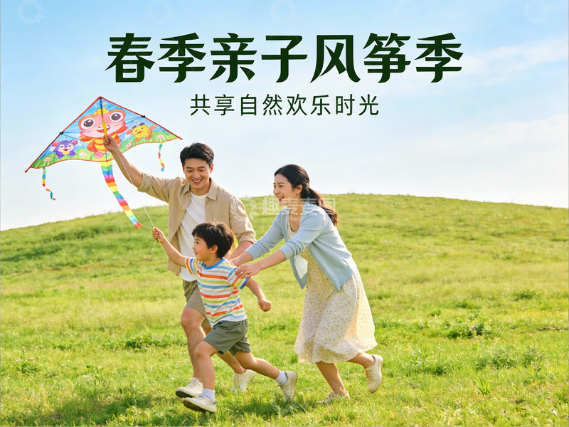 高清大图下载【趣麦麦图】春日亲子放风筝欢乐场景