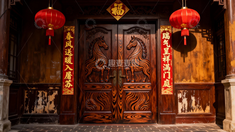高清大图下载【趣麦麦图】中式大门雕刻骏马挂红灯笼