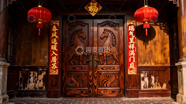 中式大门雕刻骏马挂红灯笼
