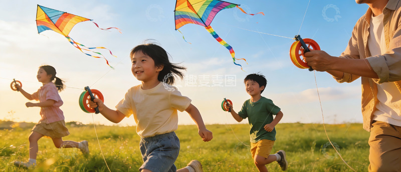 高清大图下载【趣麦麦图】家人户外放风筝欢乐奔跑
