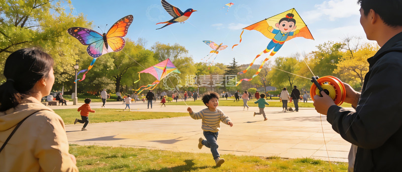 高清大图下载【趣麦麦图】公园放风筝亲子欢乐时光