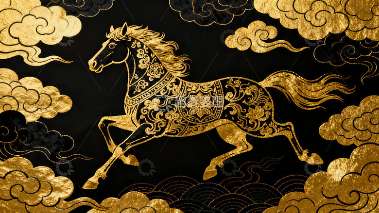 金色骏马云纹图案艺术画