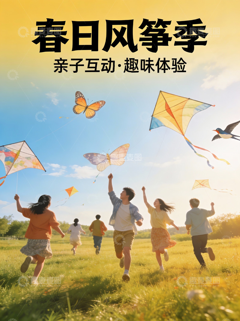 高清大图下载【趣麦麦图】春日田野放风筝亲子乐