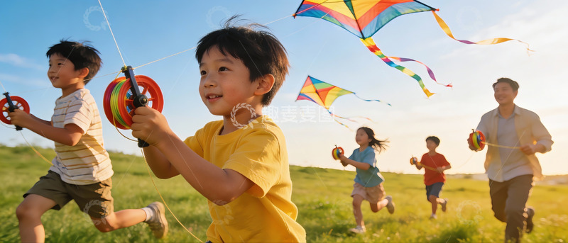 高清大图下载【趣麦麦图】儿童户外放风筝欢乐场景