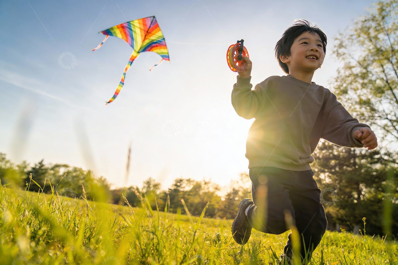 高清大图下载【趣麦麦图】小男孩草地上放风筝