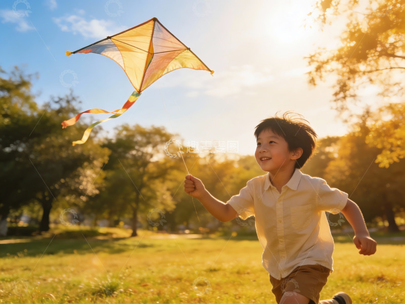 高清大图下载【趣麦麦图】小男孩户外放风筝