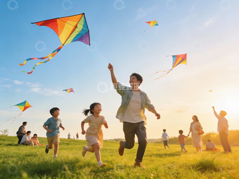 高清大图下载【趣麦麦图】家人户外放风筝欢乐场景