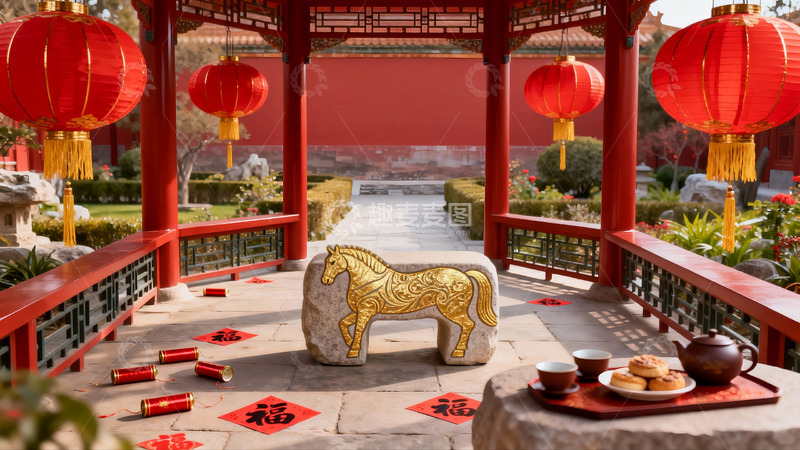 高清大图下载【趣麦麦图】中式庭院红灯笼石马雕像