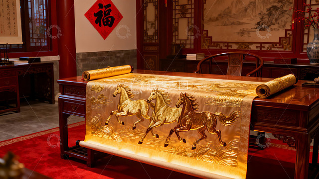 中式书房内金色骏马卷轴