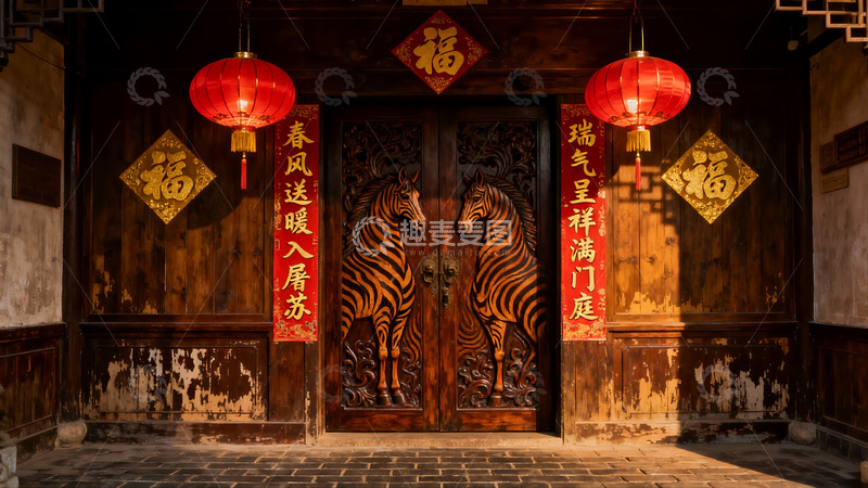 高清大图下载【趣麦麦图】中式木门挂红灯笼