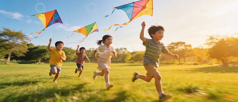 高清大图下载【趣麦麦图】儿童户外放风筝欢乐奔跑