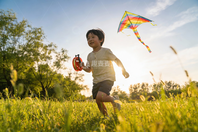 高清大图下载【趣麦麦图】小男孩草地上放风筝