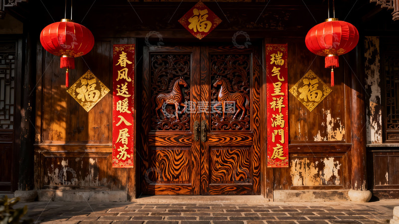 高清大图下载【趣麦麦图】春节装饰的古色木门