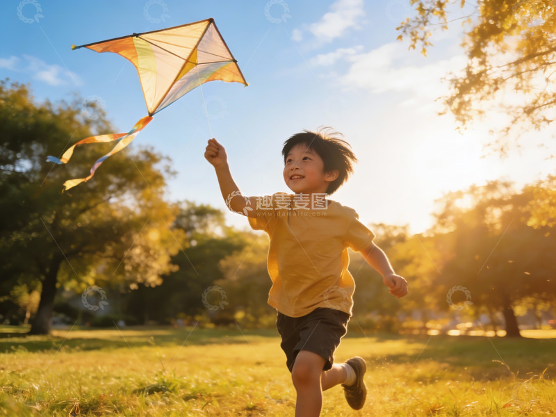 高清大图下载【趣麦麦图】小男孩户外放风筝