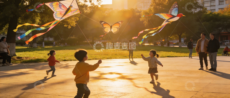 高清大图下载【趣麦麦图】夕阳下公园放风筝的欢乐场景