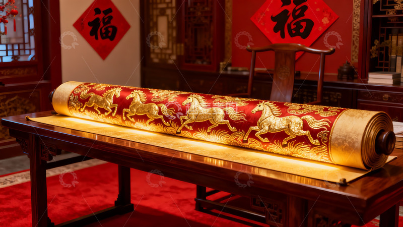 高清大图下载【趣麦麦图】中式书房中的金色骏马卷轴