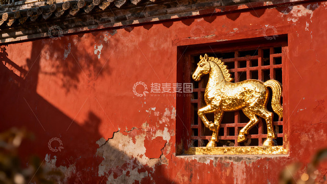 红墙金马窗雕古建筑特写