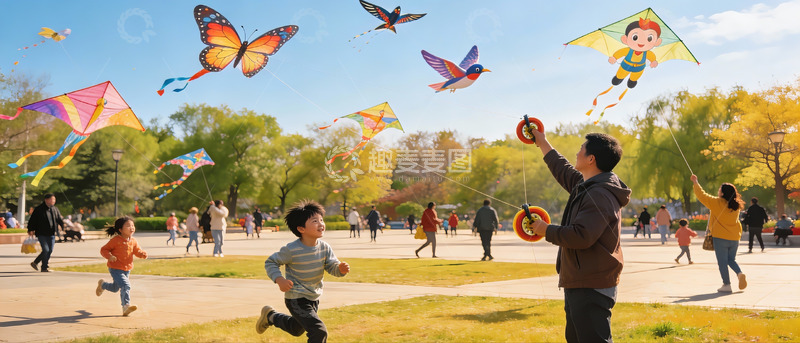高清大图下载【趣麦麦图】公园放风筝欢乐场景
