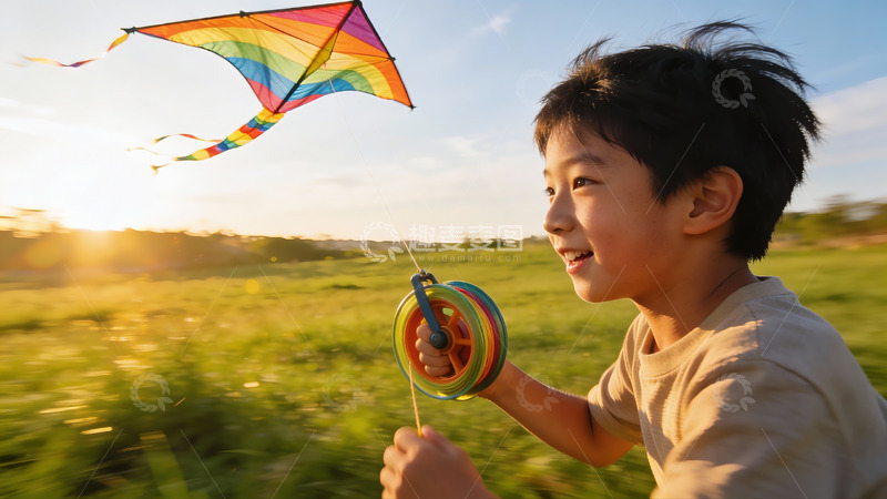高清大图下载【趣麦麦图】小男孩户外放风筝