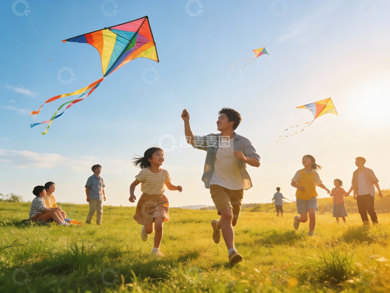 高清大图下载【趣麦麦图】家人户外放风筝欢乐场景