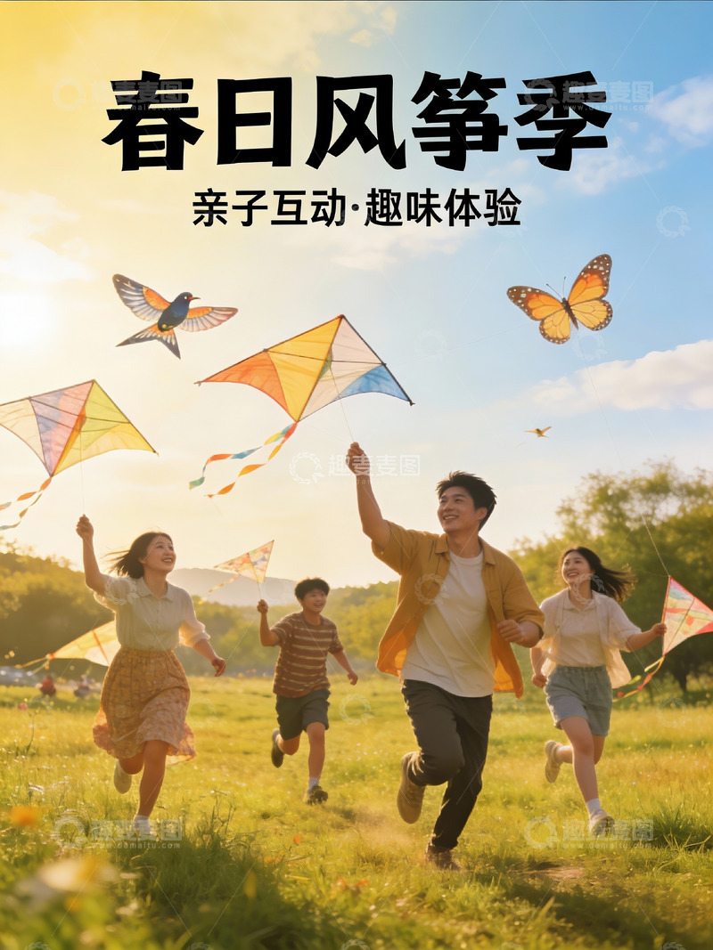 高清大图下载【趣麦麦图】春日户外放风筝亲子欢乐