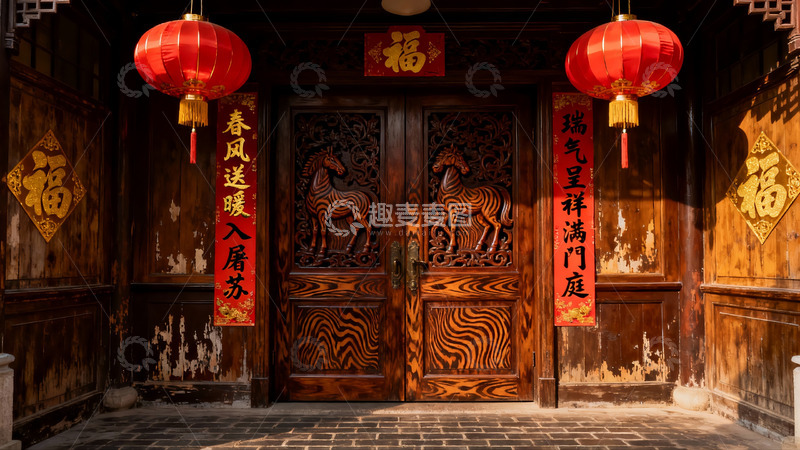 高清大图下载【趣麦麦图】中式木门挂红灯笼春联