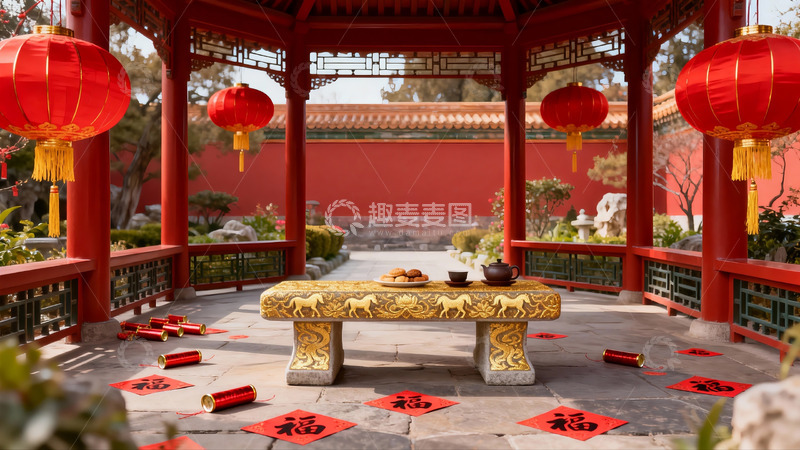 高清大图下载【趣麦麦图】中式亭台红灯笼与茶点