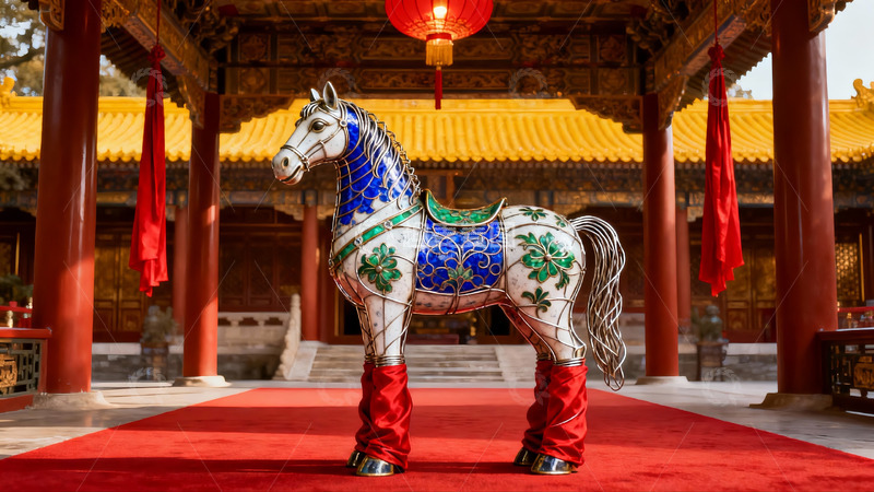 高清大图下载【趣麦麦图】华丽彩绘马雕塑置身古建筑