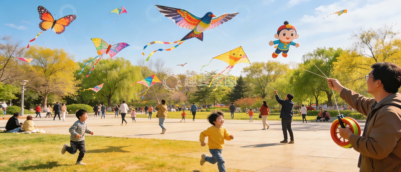 高清大图下载【趣麦麦图】春日公园放风筝欢乐场景