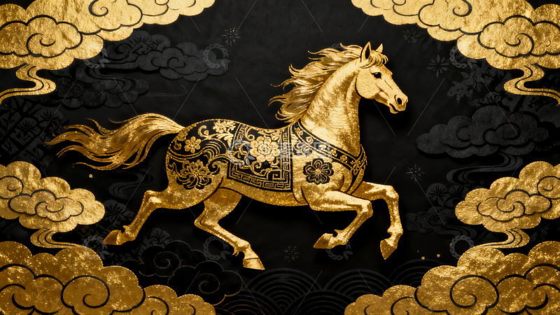 高清大图下载【趣麦麦图】金色骏马飞奔于祥云之间