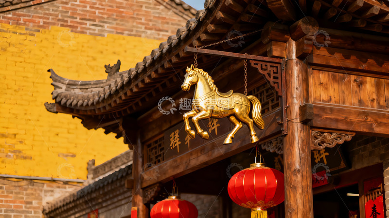 高清大图下载【趣麦麦图】古建筑前金色马饰与红灯笼