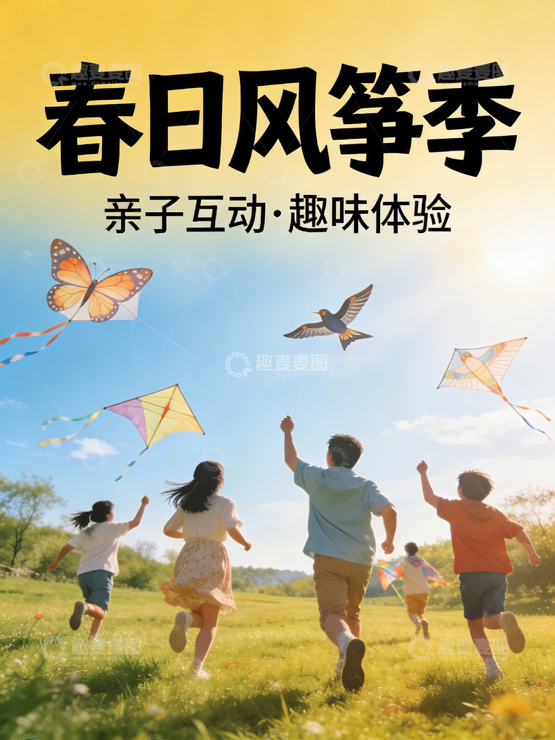 高清大图下载【趣麦麦图】春日户外放风筝亲子乐