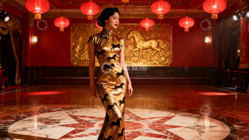 高清大图下载【趣麦麦图】身着金色旗袍的女子优雅伫立