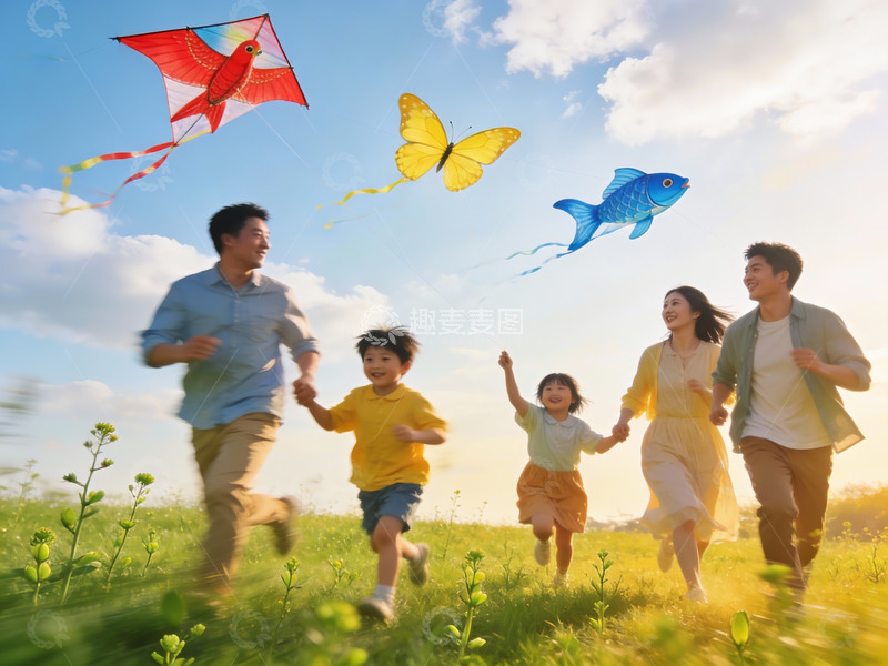 高清大图下载【趣麦麦图】一家五口草地上放风筝