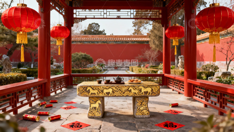 高清大图下载【趣麦麦图】中式庭院红灯笼与石桌茶具