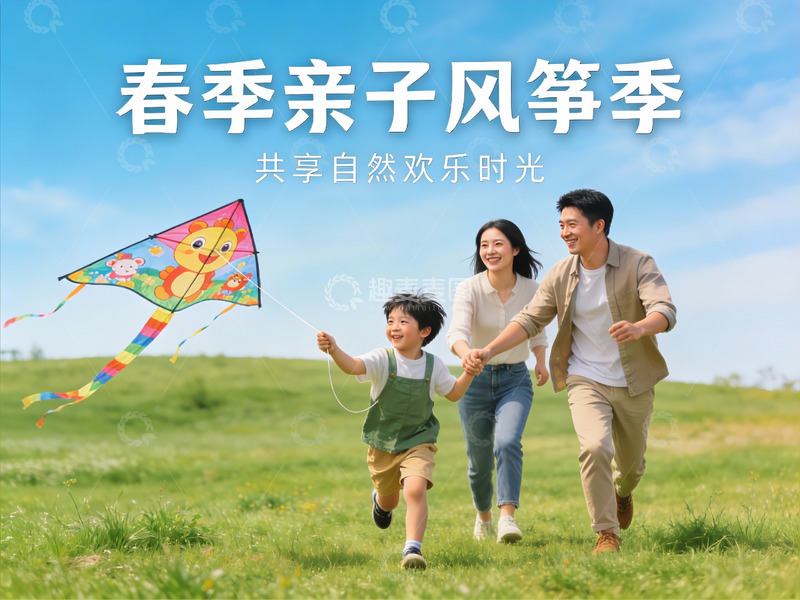 高清大图下载【趣麦麦图】春日亲子放风筝欢乐场景