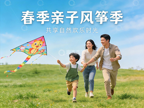 春日亲子放风筝欢乐场景
