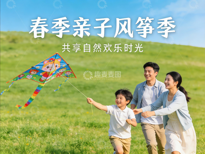 高清大图下载【趣麦麦图】春日郊外亲子放风筝