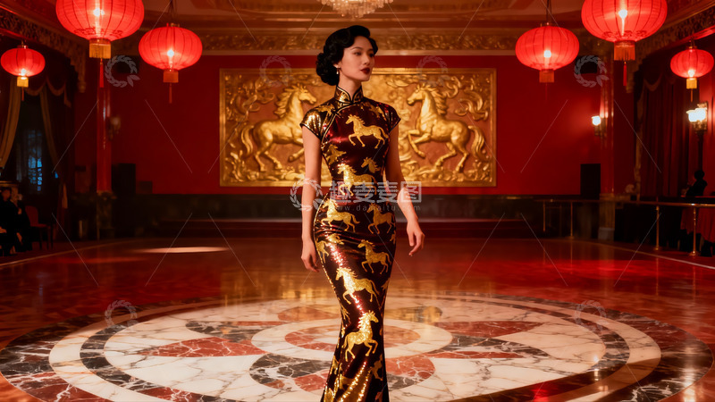 高清大图下载【趣麦麦图】身着旗袍的女子在华丽大厅中
