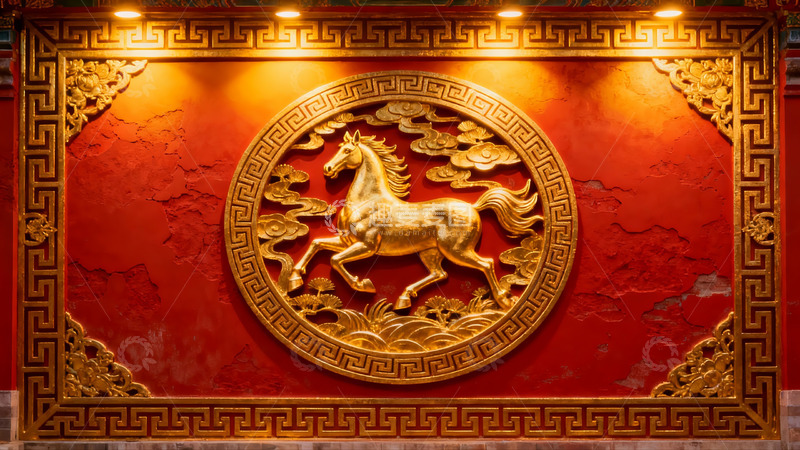 高清大图下载【趣麦麦图】金色骏马浮雕壁画