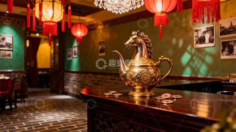 高清大图下载【趣麦麦图】中式茶室金色马形茶壶