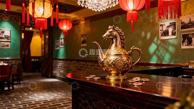 中式茶室金色马形茶壶