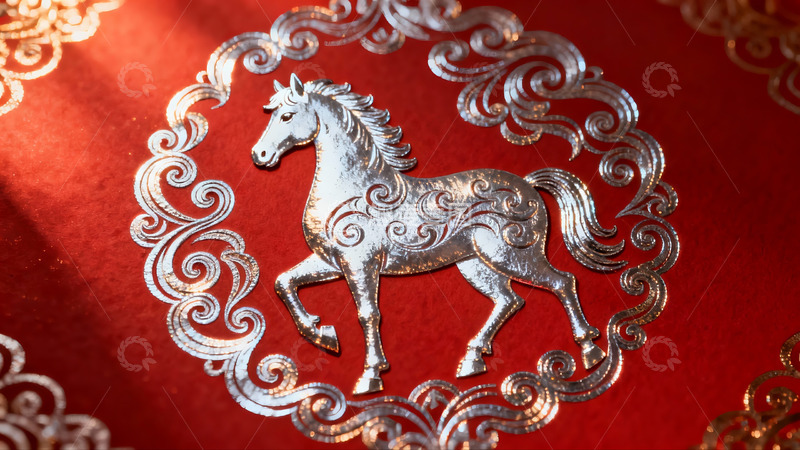 高清大图下载【趣麦麦图】红色背景上的银色马纹样图案